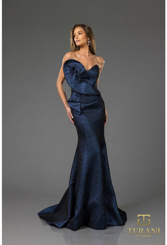 Formal Dresses Fitted Long Formal Metallic Evening Dress Navy