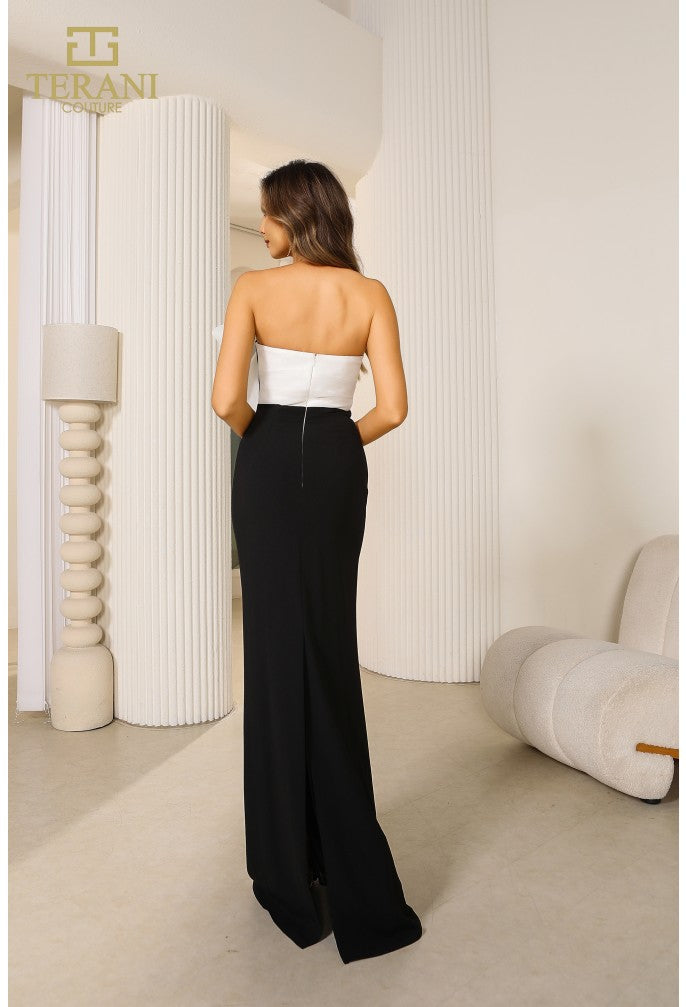 Prom Dresses Fitted Long Ribbon Formal Prom Dress Black White