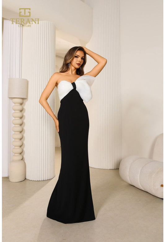 Prom Dresses Fitted Long Ribbon Formal Prom Dress Black White