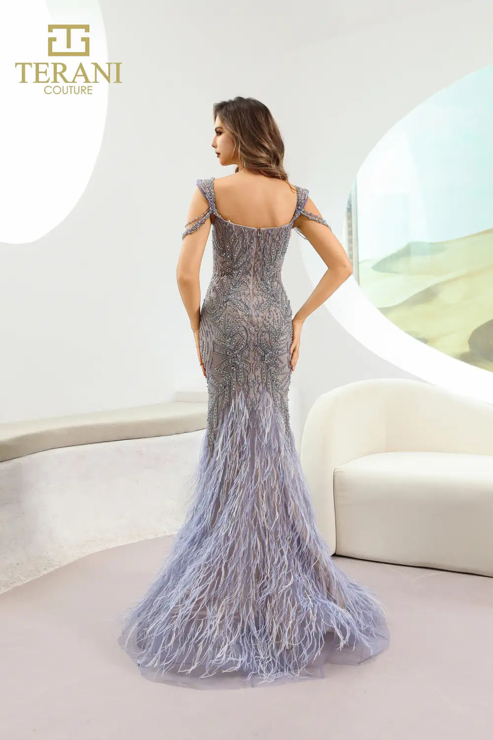 Formal Dresses Beaded Long Formal Feather Evening Dress Denim Nude