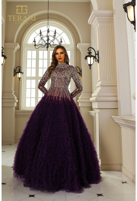 Formal Dresses Beaded Formal Long Sleeve Ruffled Ball Gown Amethyst Nude