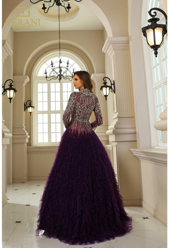 Formal Dresses Beaded Formal Long Sleeve Ruffled Ball Gown Amethyst Nude