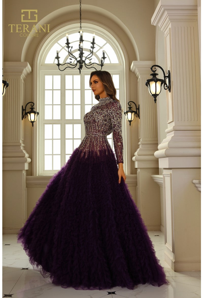 Formal Dresses Beaded Formal Long Sleeve Ruffled Ball Gown Amethyst Nude