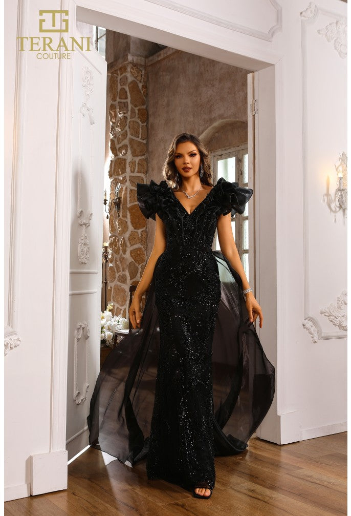 Formal Dresses Fitted Long Formal Overskirt Evening Dress Black