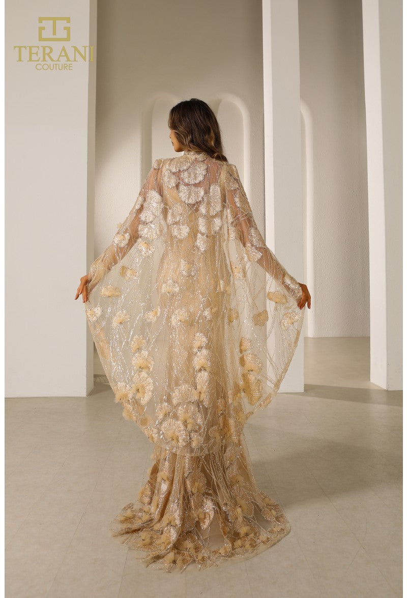 Formal Dresses Fitted Long Formal Beaded 3D Floral Evening Cape Dress Light Gold