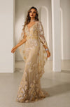 Formal Dresses Fitted Long Formal Beaded 3D Floral Evening Cape Dress Light Gold