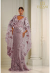 Formal Dresses Fitted Long Formal Beaded 3D Floral Evening cape Dress Mauve