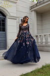 Formal Dresses Long Sleeve Formal Beaded Evening Dress Navy Multi