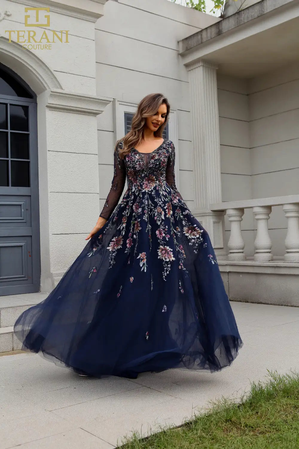 Formal Dresses Long Sleeve Formal Beaded Evening Dress Navy Multi