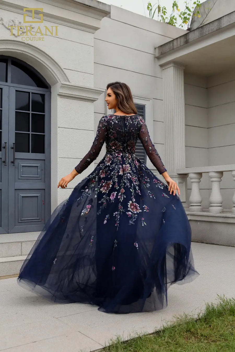 Formal Dresses Long Sleeve Formal Beaded Evening Dress Navy Multi