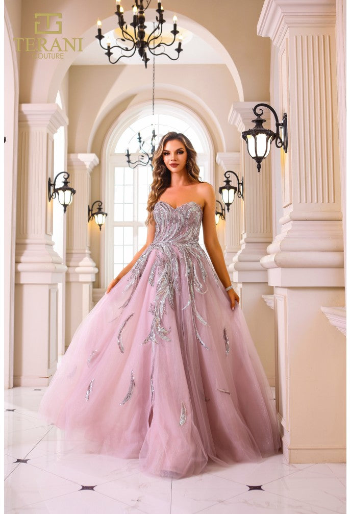 Prom Dresses A Line Long  Ball Gown Formal Beaded Prom Dress Rose Silver