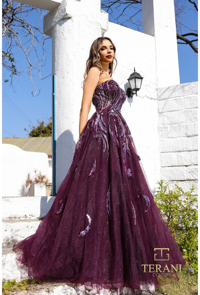 Prom Dresses A Line Long  Ball Gown Formal Beaded Prom Dress  Aubergine