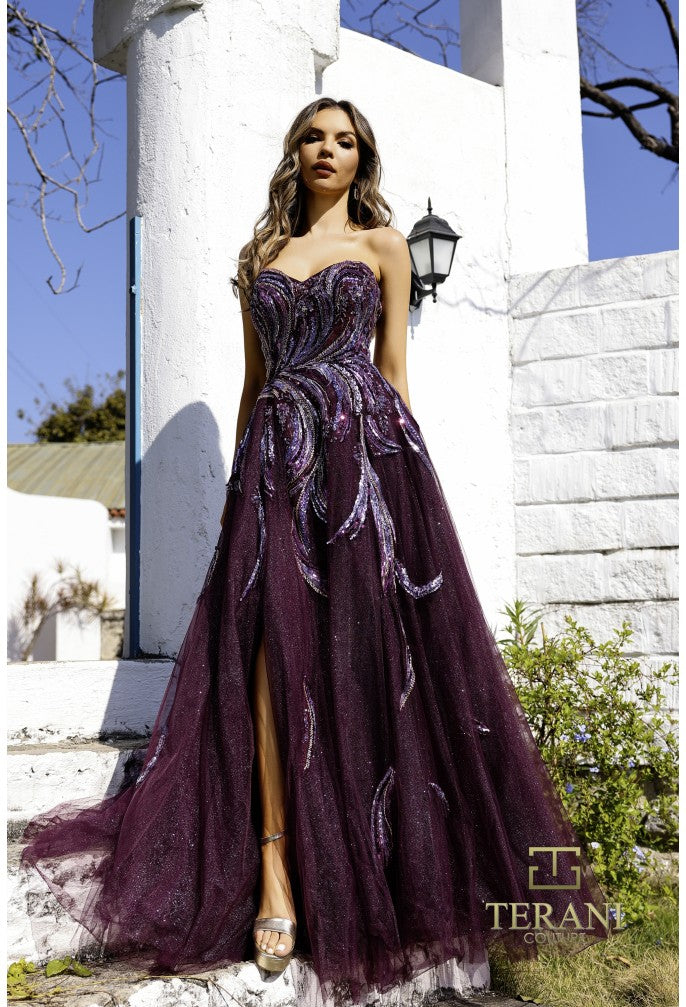 Prom Dresses A Line Long  Ball Gown Formal Beaded Prom Dress  Aubergine