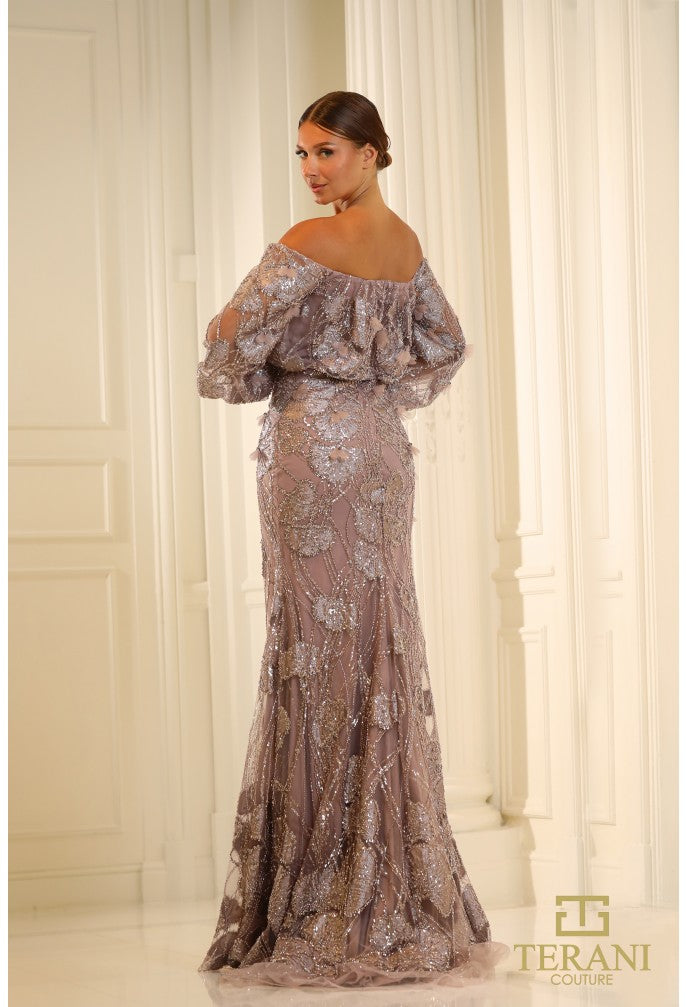 Formal Dresses Long Formal Beaded Puff Sleeve Evening Dress Mauve