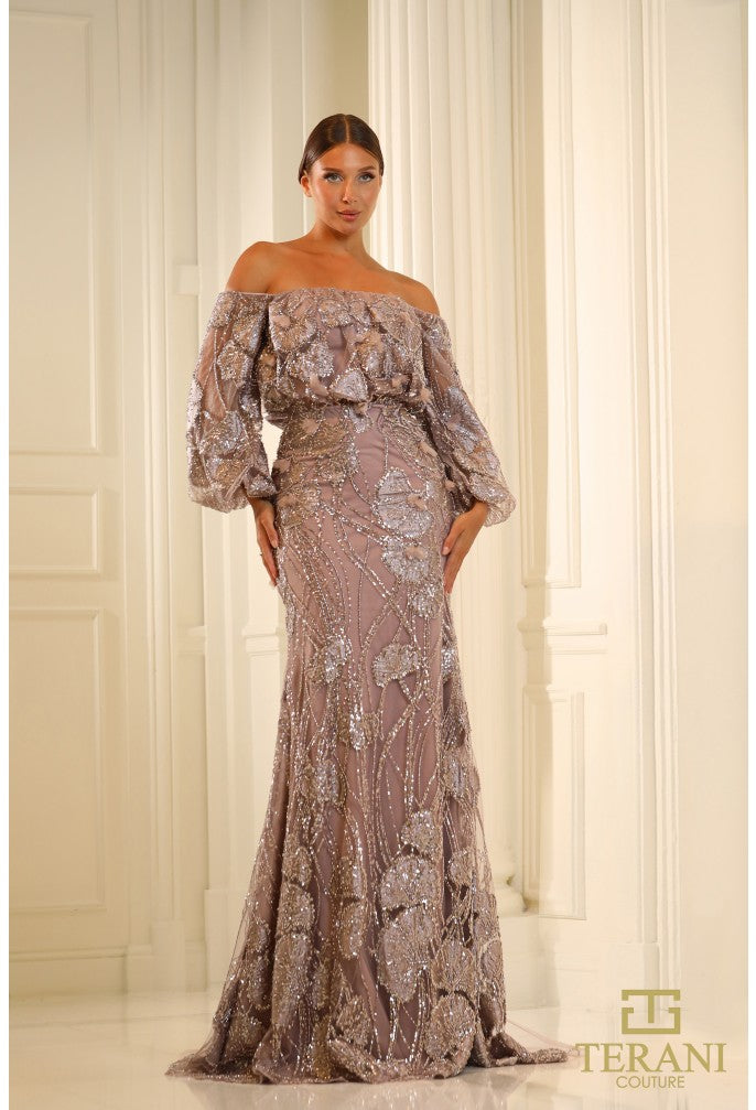 Formal Dresses Long Formal Beaded Puff Sleeve Evening Dress Mauve