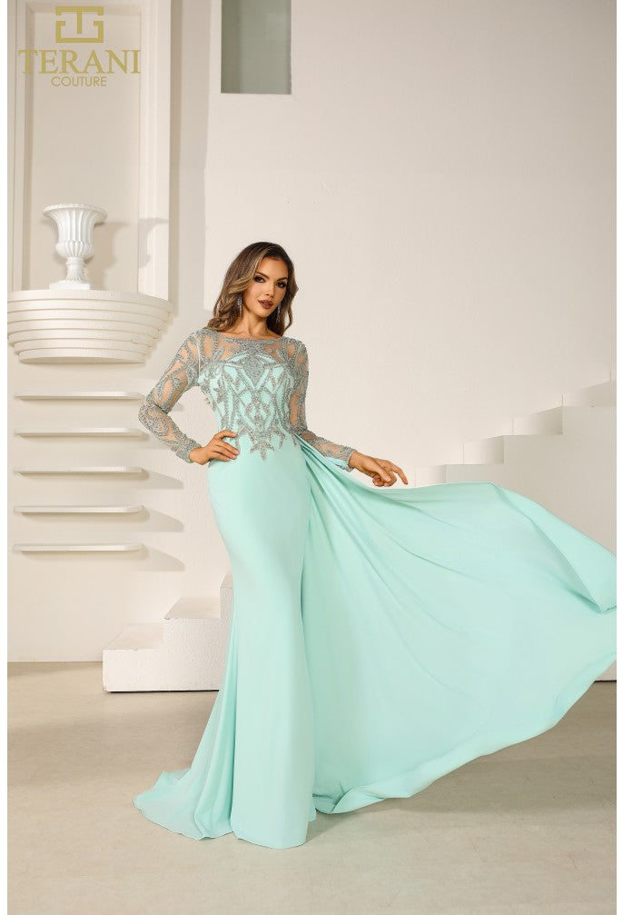 Formal Dresses Long Sleeve Formal Beaded Applique Evening Dress Sage