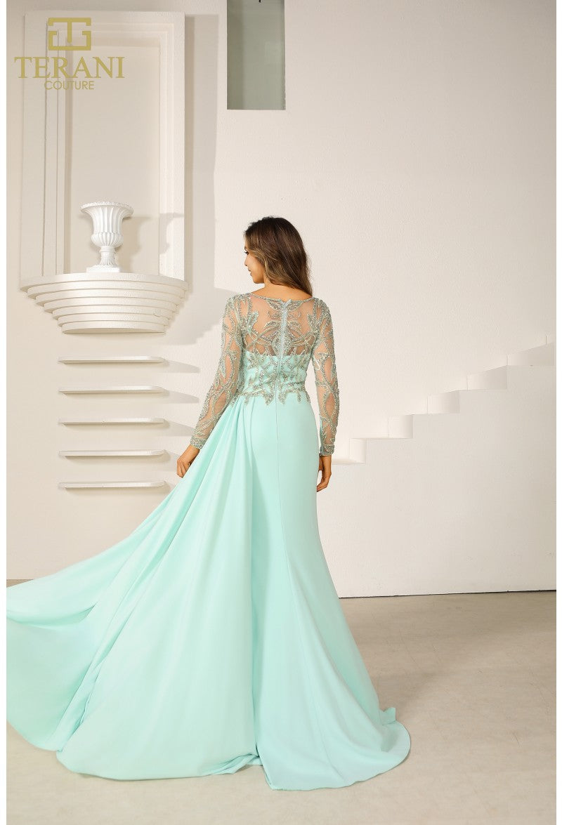 Formal Dresses Long Sleeve Formal Beaded Applique Evening Dress Sage