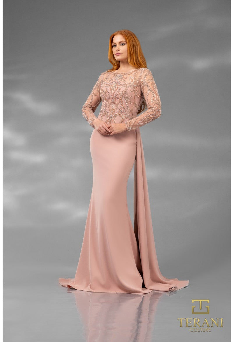Formal Dresses Long Sleeve Formal Beaded Applique Evening Dress Blush