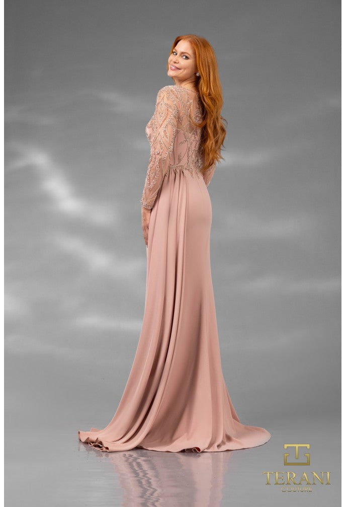 Formal Dresses Long Sleeve Formal Beaded Applique Evening Dress Blush