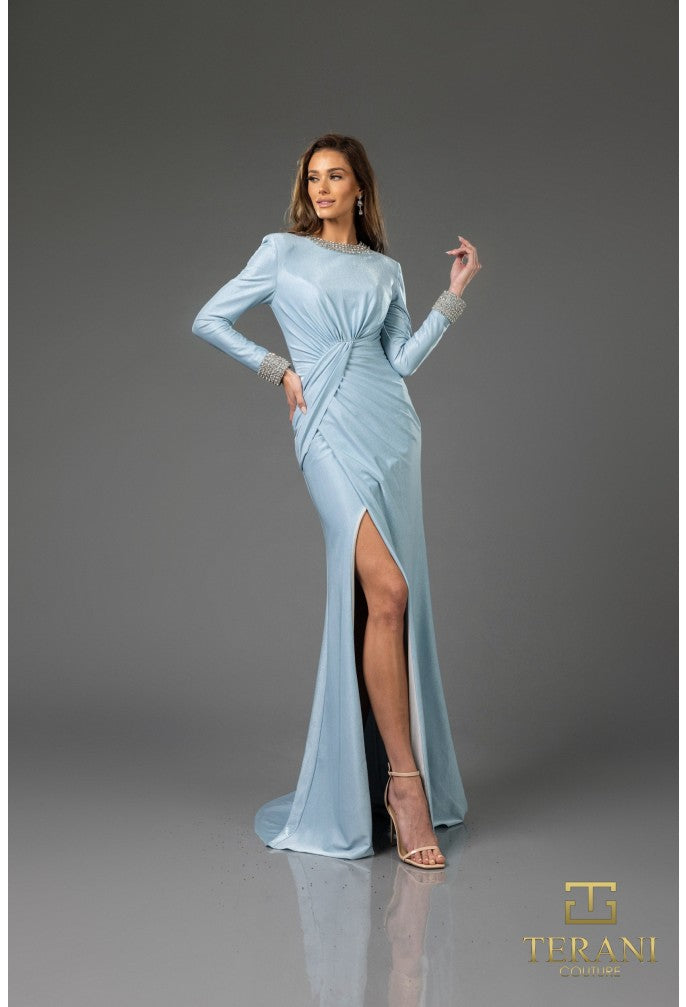 Mother of the Bride Dresses Long Sleeve Formal Metallic Evening Dress  Powder Blue