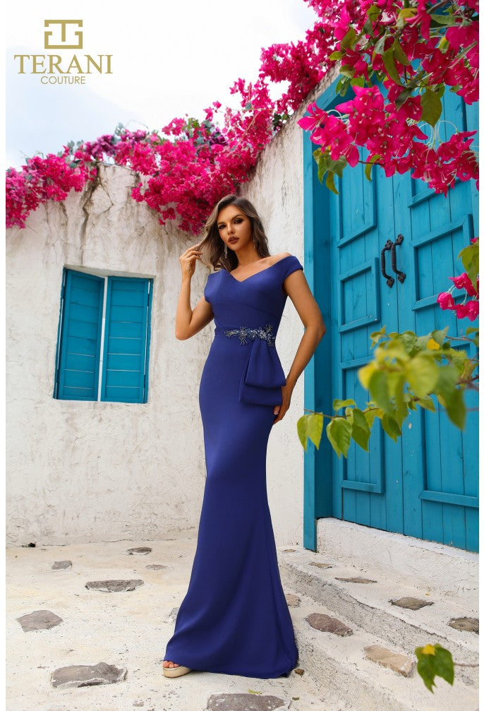 Formal Dresses Long Beaded Applique Formal Peplum Evening Dress Blueberry