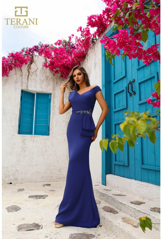 Formal Dresses Long Beaded Applique Formal Peplum Evening Dress Blueberry