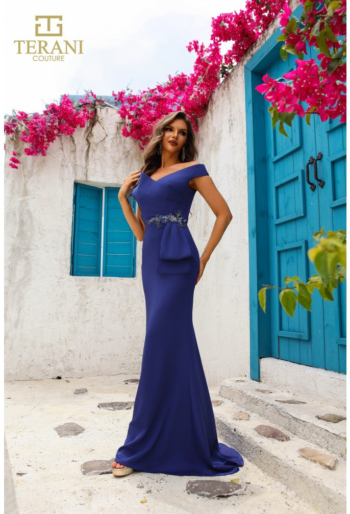Formal Dresses Long Beaded Applique Formal Peplum Evening Dress Blueberry