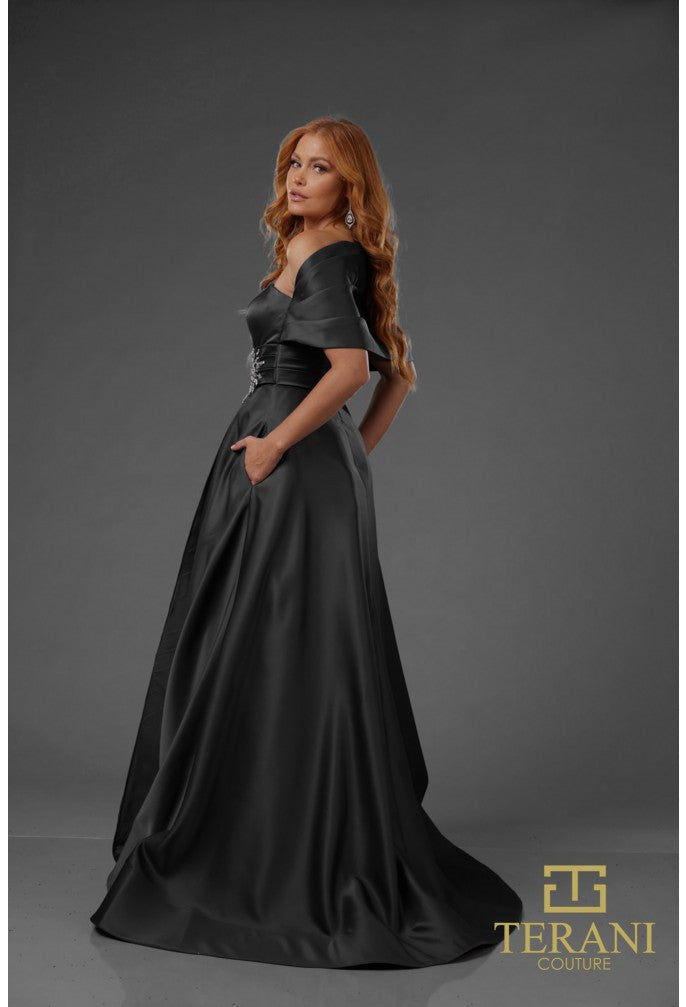 Formal Dresses Pleated Long Formal Beaded Evening Dress Black