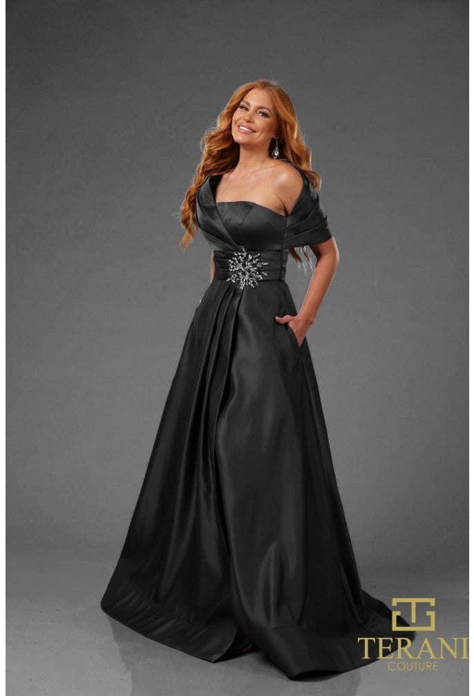 Formal Dresses Pleated Long Formal Beaded Evening Dress Black