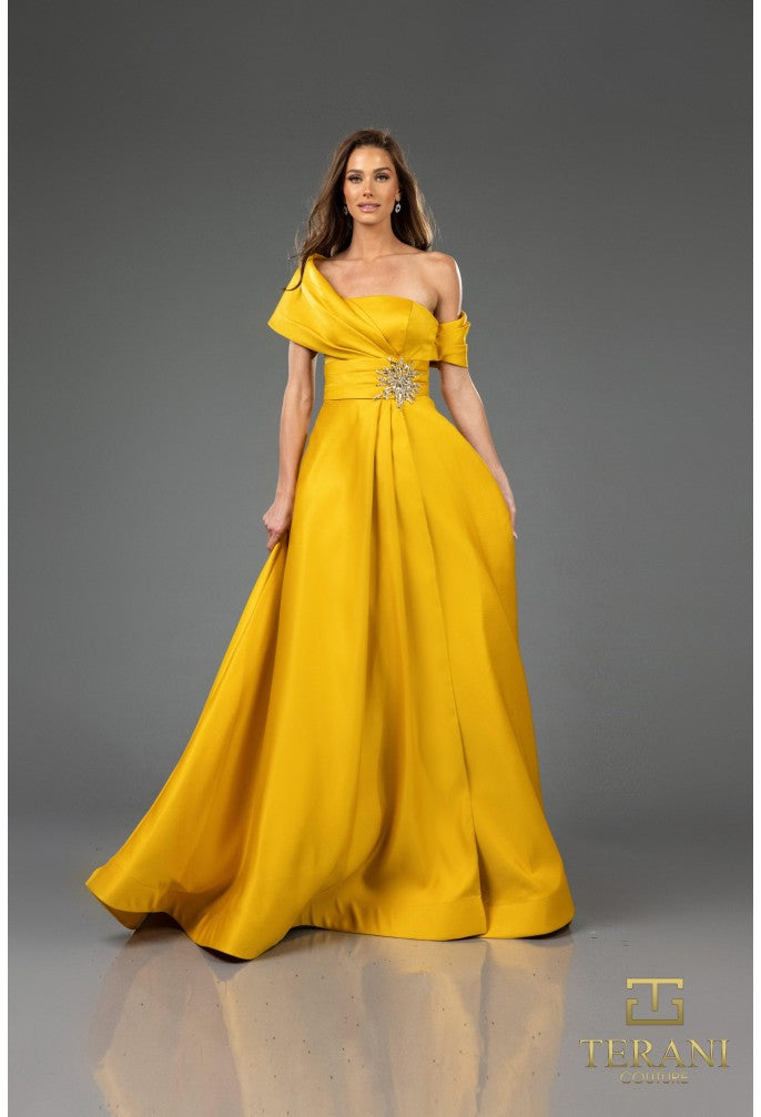 Formal Dresses Pleated Long Formal Beaded Evening Dress Gold