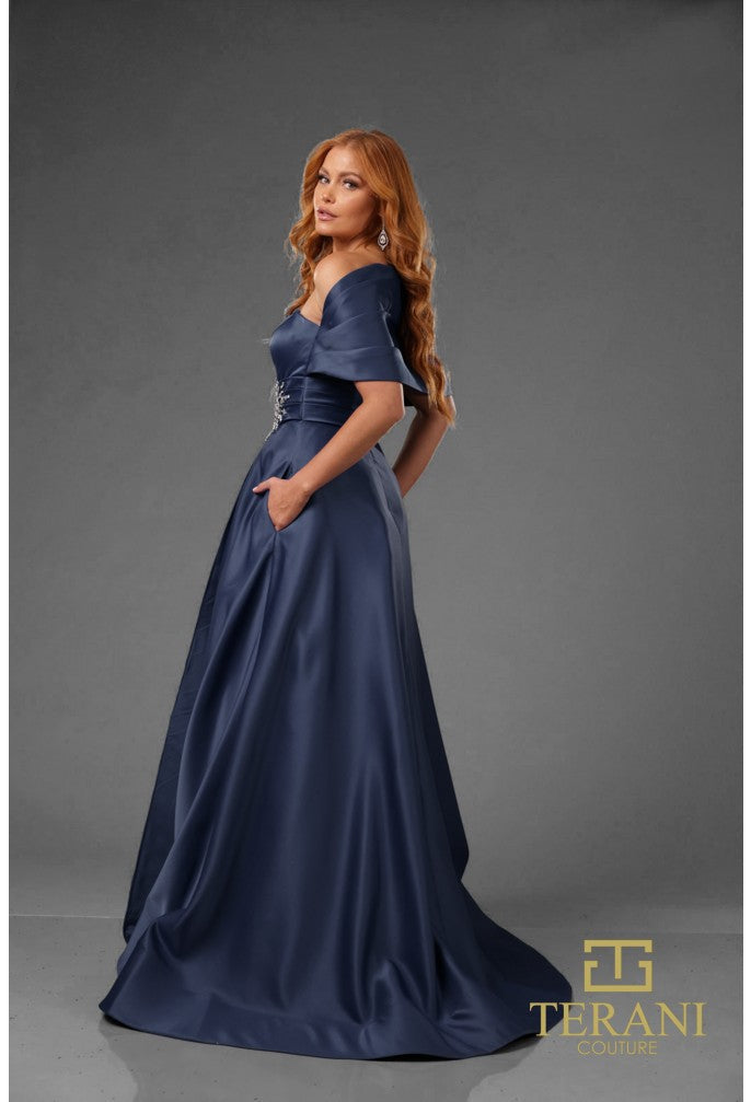 Formal Dresses Pleated Long Formal Beaded Evening Dress Navy