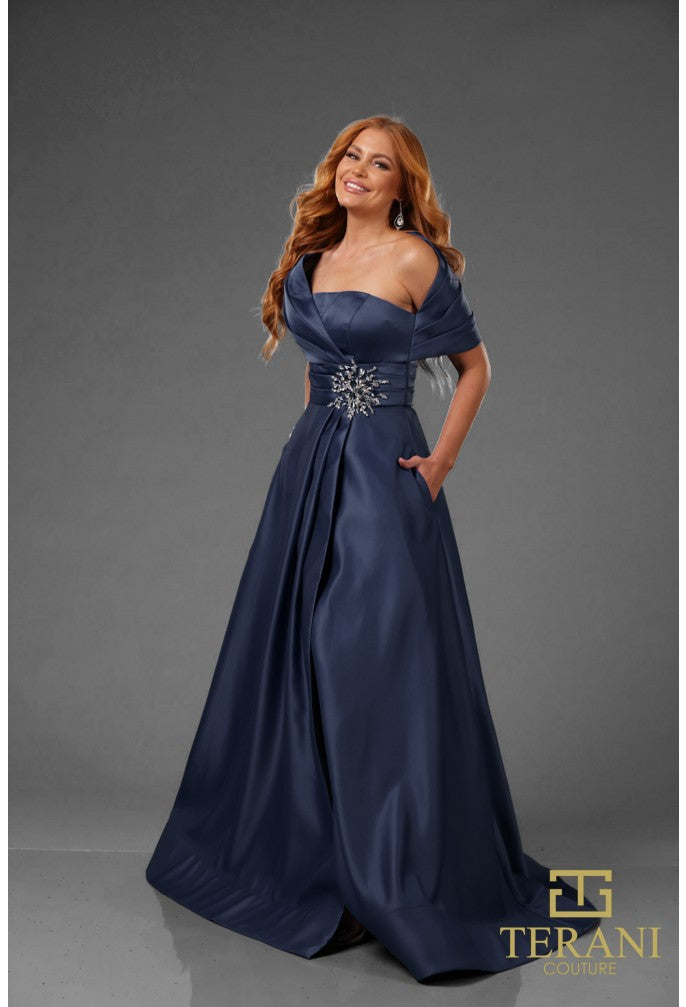 Formal Dresses Pleated Long Formal Beaded Evening Dress Navy