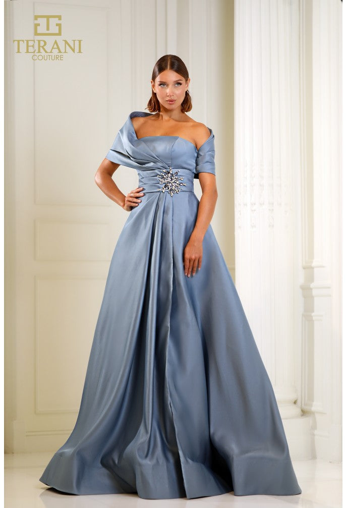 Formal Dresses Pleated Long Formal Beaded Evening Dress Slate