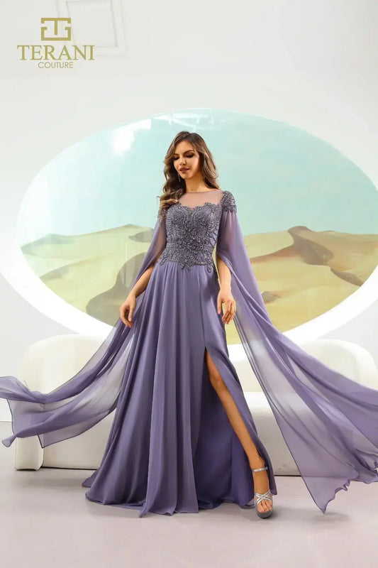 Formal Dresses A Line Long Formal Beaded Cape Evening Dress Blueberry