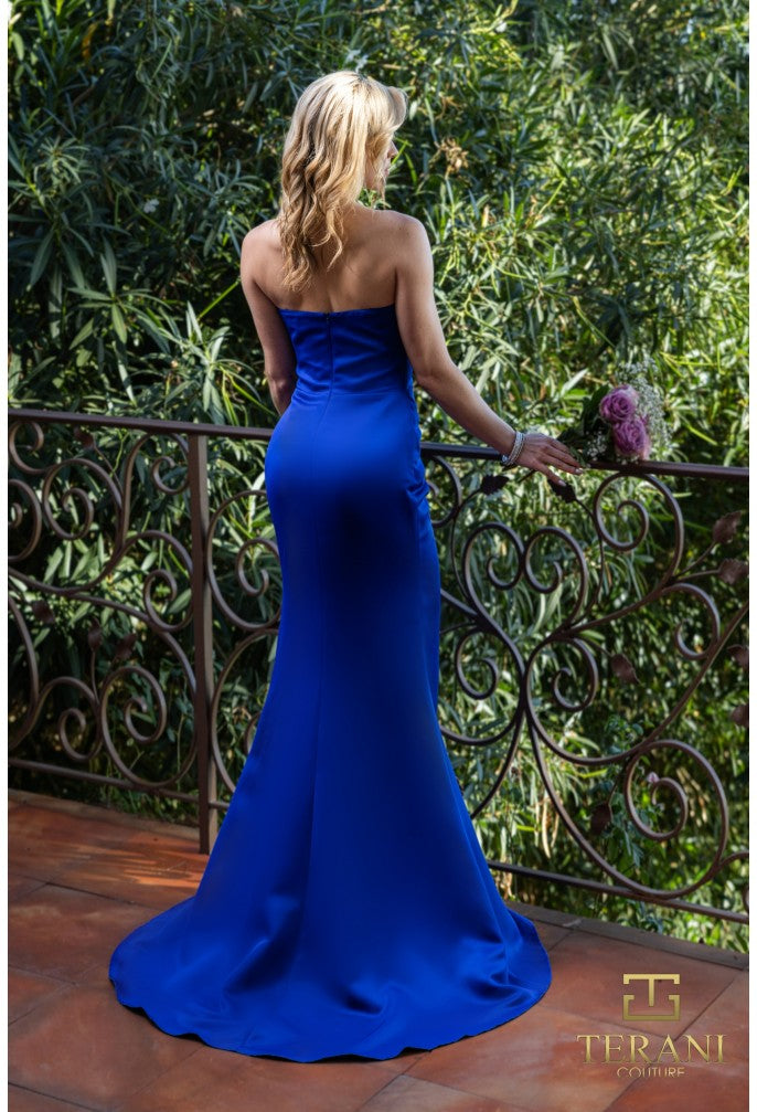 Prom Dresses Pleated Prom Long Slit Formal Dress Cobalt