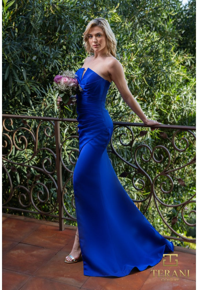 Prom Dresses Pleated Prom Long Slit Formal Dress Cobalt