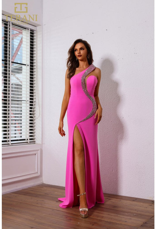 Prom Dresses Beaded Slit Long Formal Fitted Prom Dress Hot Pink