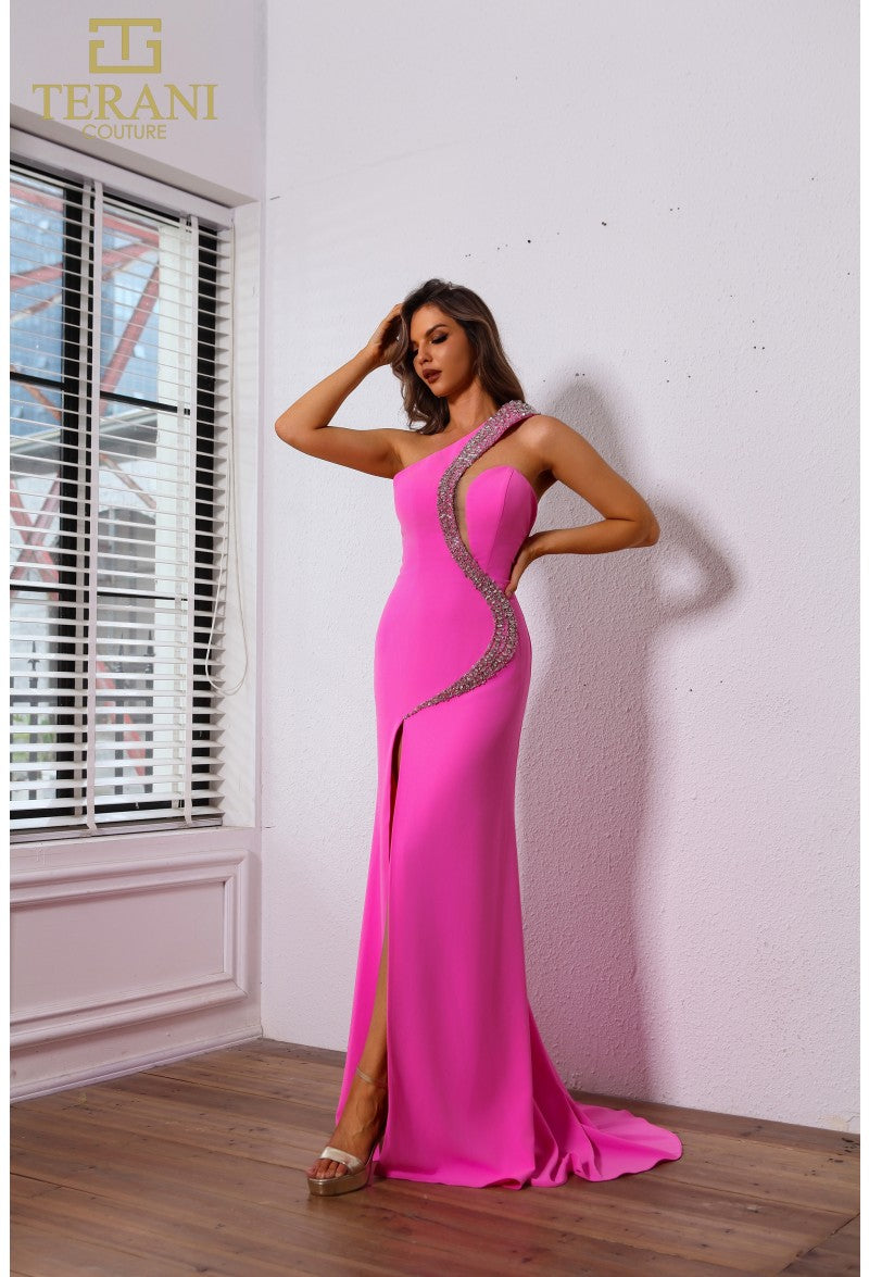 Prom Dresses Beaded Slit Long Formal Fitted Prom Dress Hot Pink