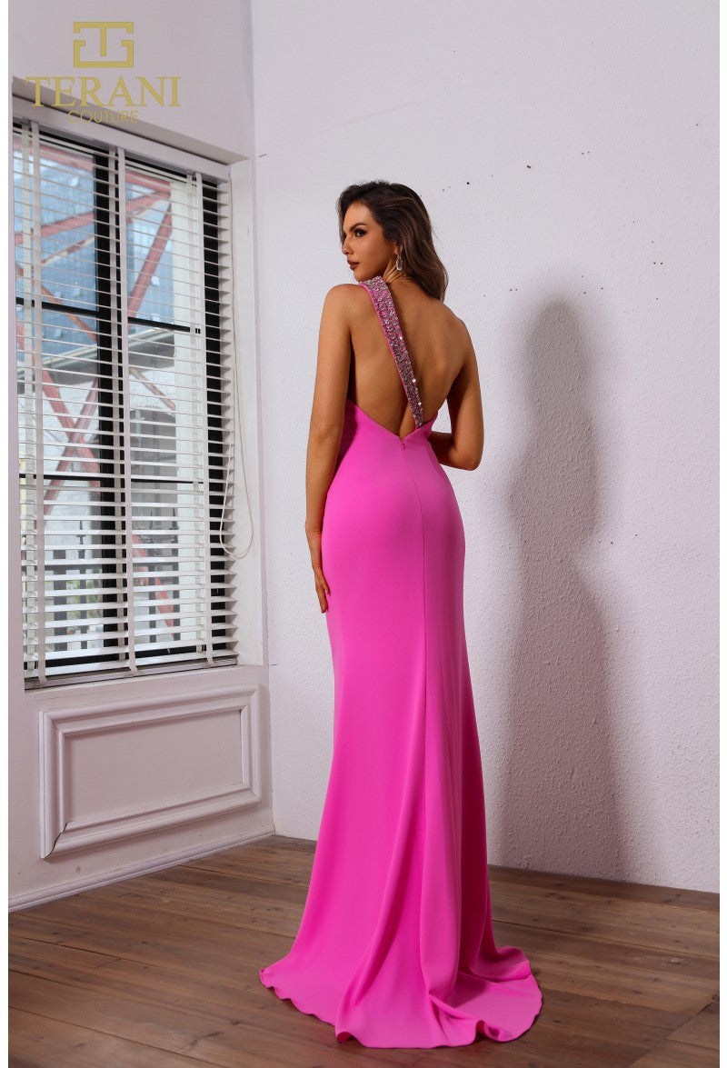 Prom Dresses Beaded Slit Long Formal Fitted Prom Dress Hot Pink