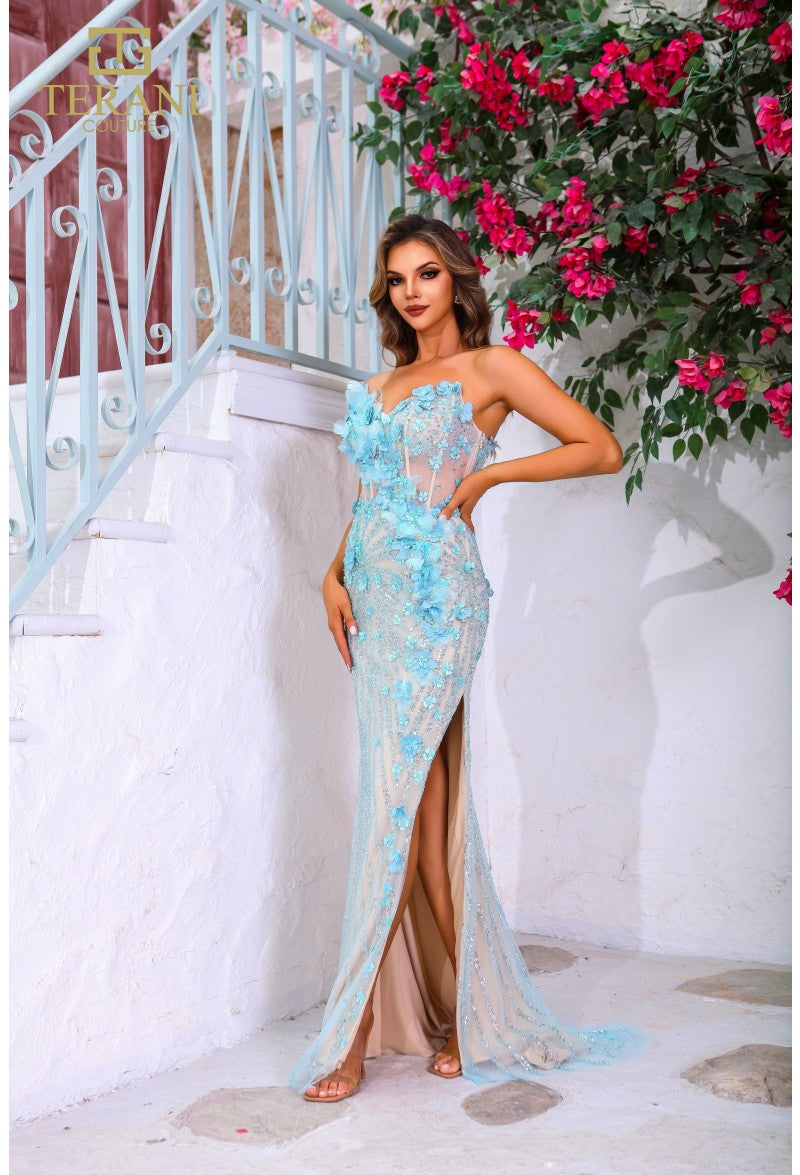 Prom Dresses Fitted Slit Long Formal Beaded Corset Prom Dress Tiffany Nude