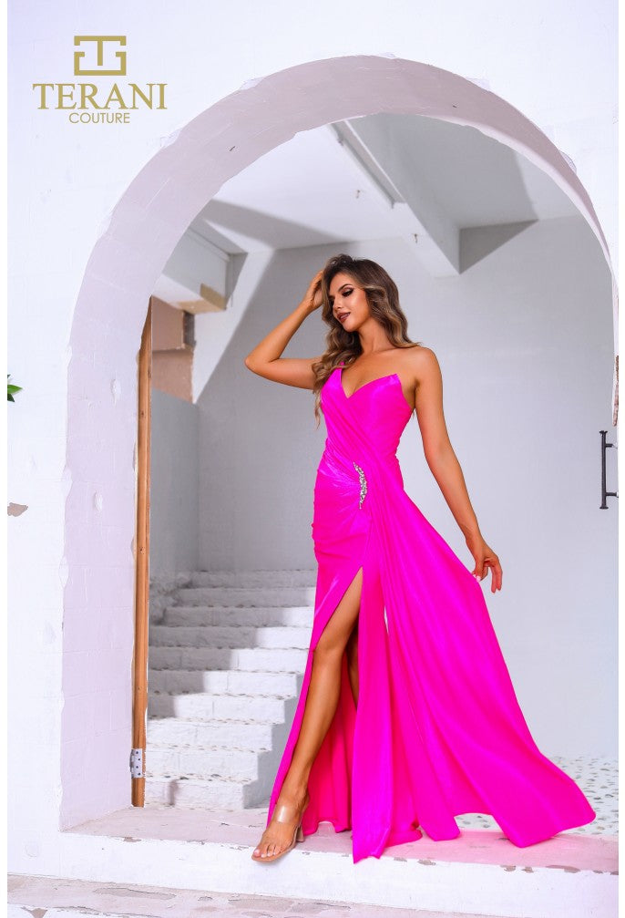 Prom Dresses Bead Slit Long Formal Metallic Prom Dress Neon Pink