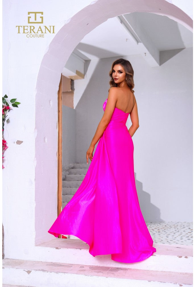 Prom Dresses Bead Slit Long Formal Metallic Prom Dress Neon Pink