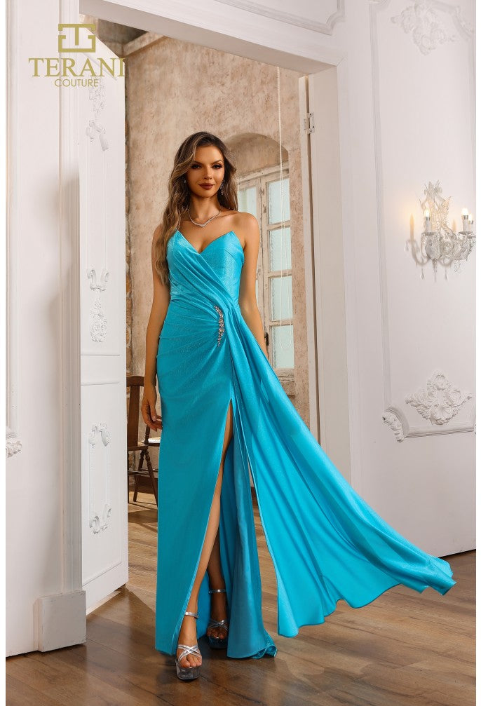 Prom Dresses Bead Slit Long Formal Metallic Prom Dress Turquoise