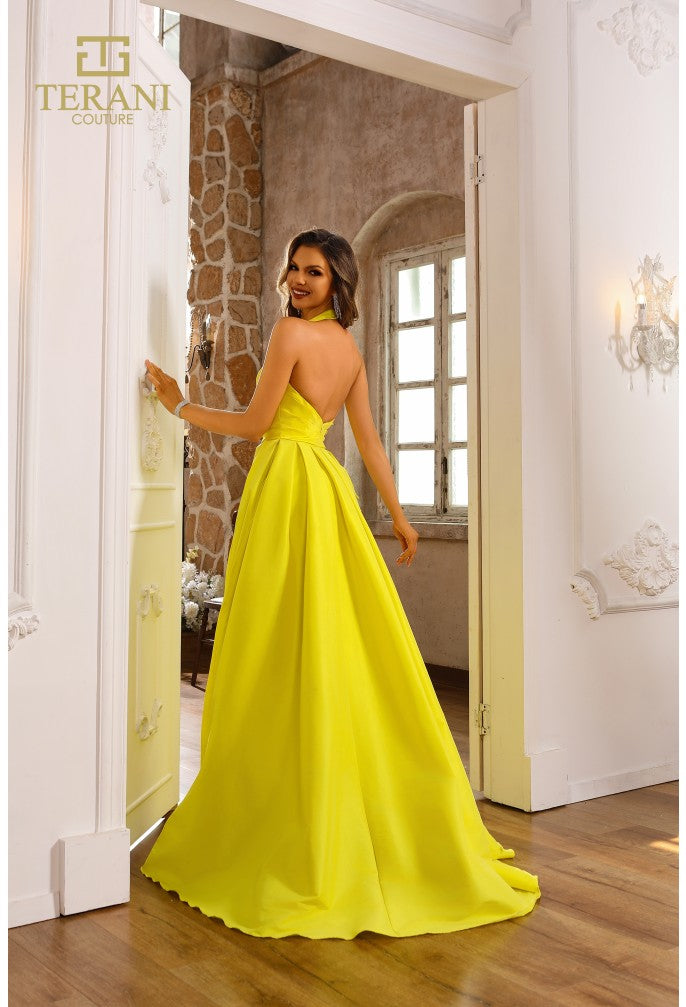 Prom Dresses Pleated Formal Long Ball Gown Slit Prom Dress Lemon