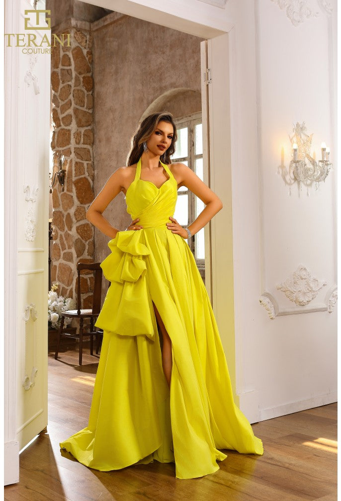 Prom Dresses Pleated Formal Long Ball Gown Slit Prom Dress Lemon