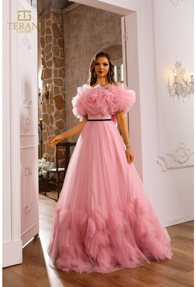 Prom Dresses Ruffle Long Formal Prom Dress Pink Rose