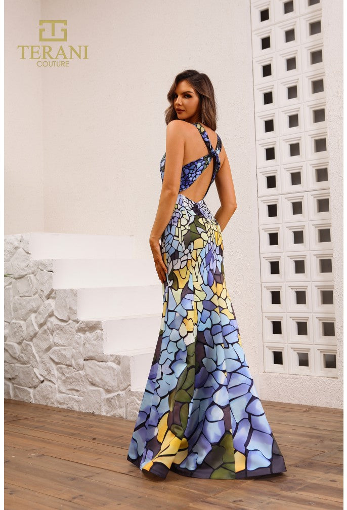 Prom Dresses Floral Long Fitted Formal Prom Dress  Blue Multi