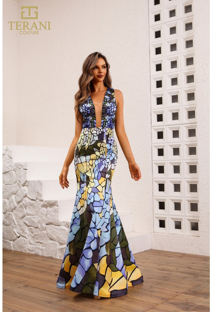 Prom Dresses Floral Long Fitted Formal Prom Dress  Blue Multi