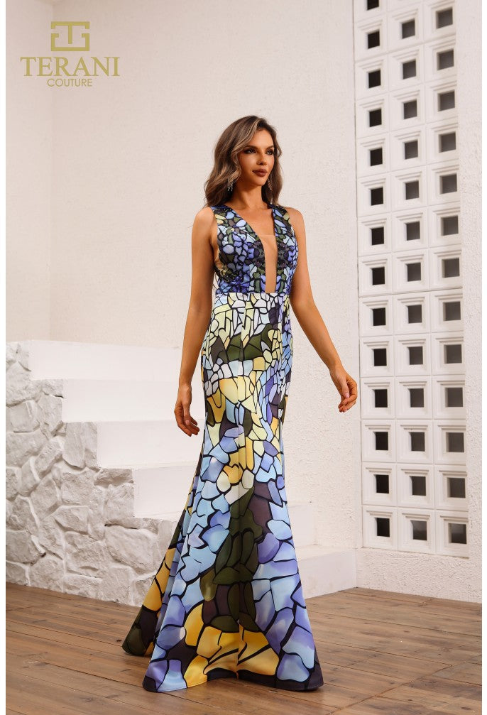 Prom Dresses Floral Long Fitted Formal Prom Dress  Blue Multi