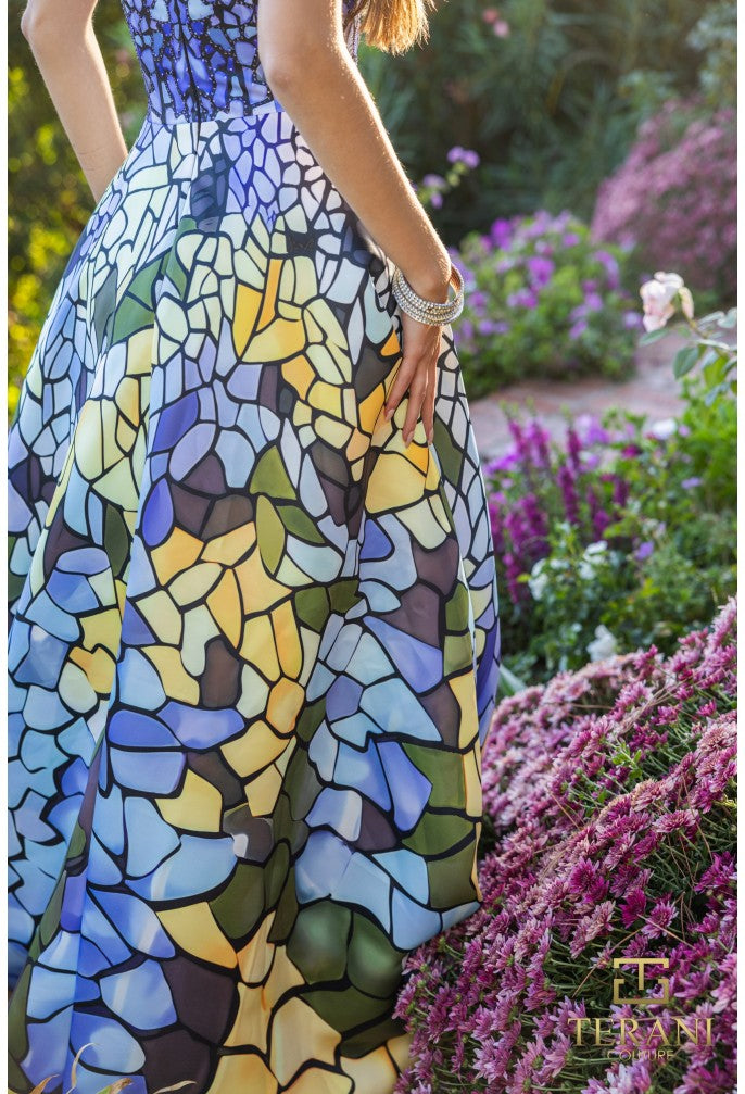 Prom Dresses Long Ball Gown Printed Formal Prom Dress Blue Multi